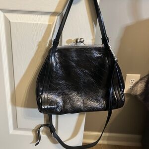 Black Leather Frame Bag | Kiss Lock Closure | Shoulder + Crossbody